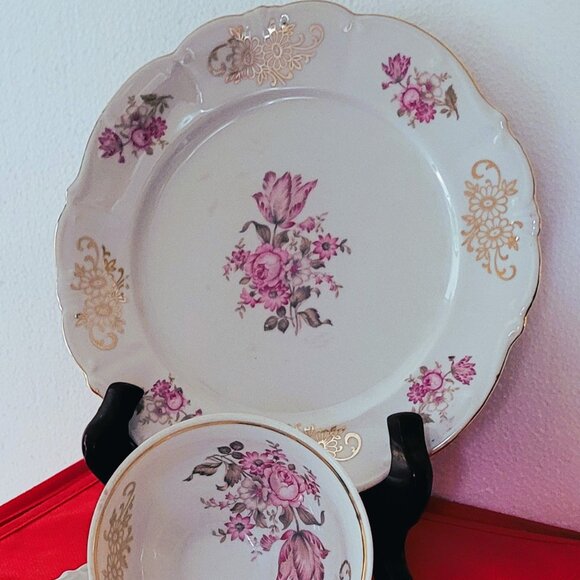 Bareuther Bavaria Pink Rose Design Set Cup Saucer Plate Back-stamp 1931-1950 - Picture 4 of 10